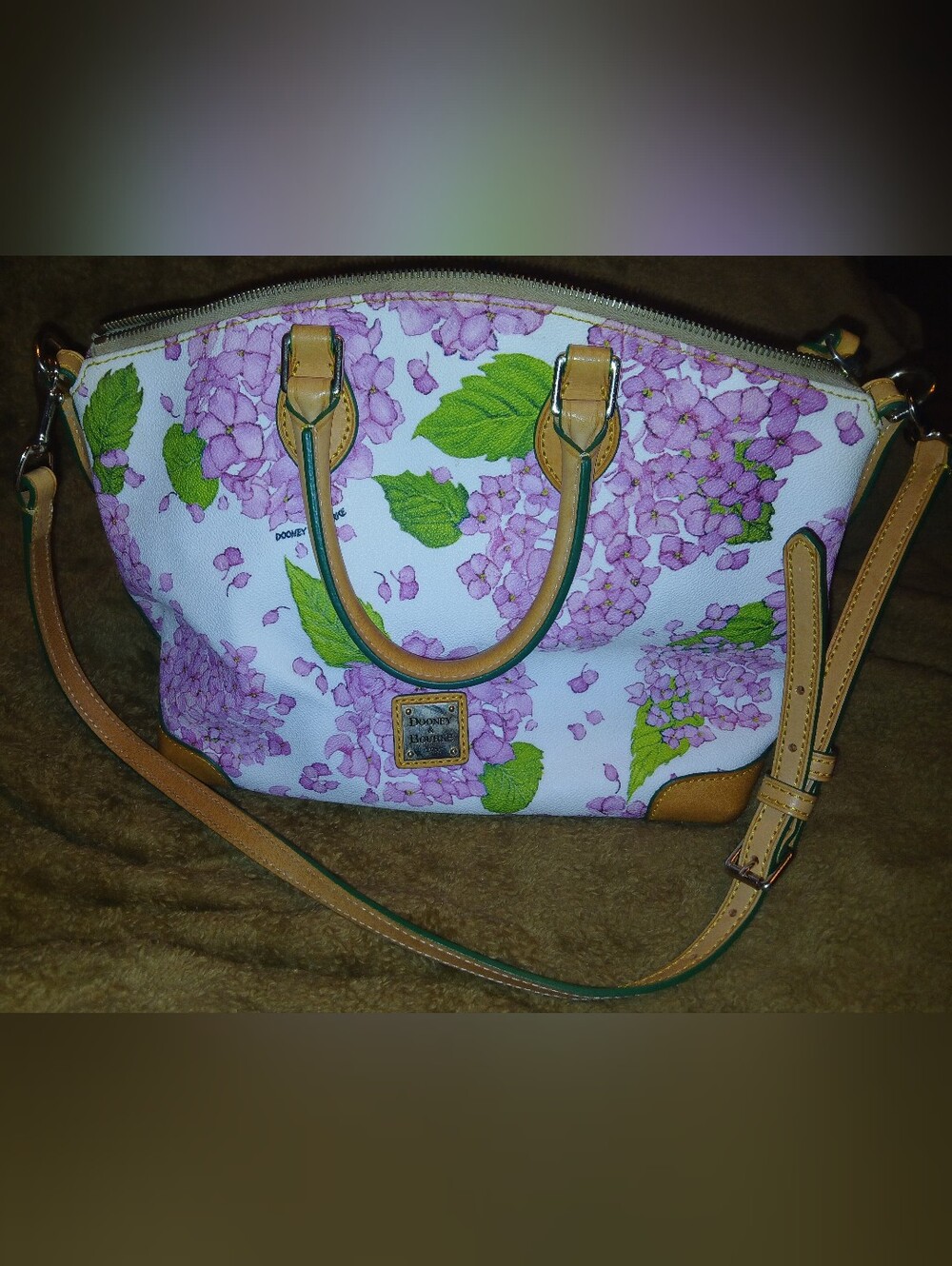 Dooney & Bourke White Satchel with Pink Floral Hydrangea Print and Tan Trim